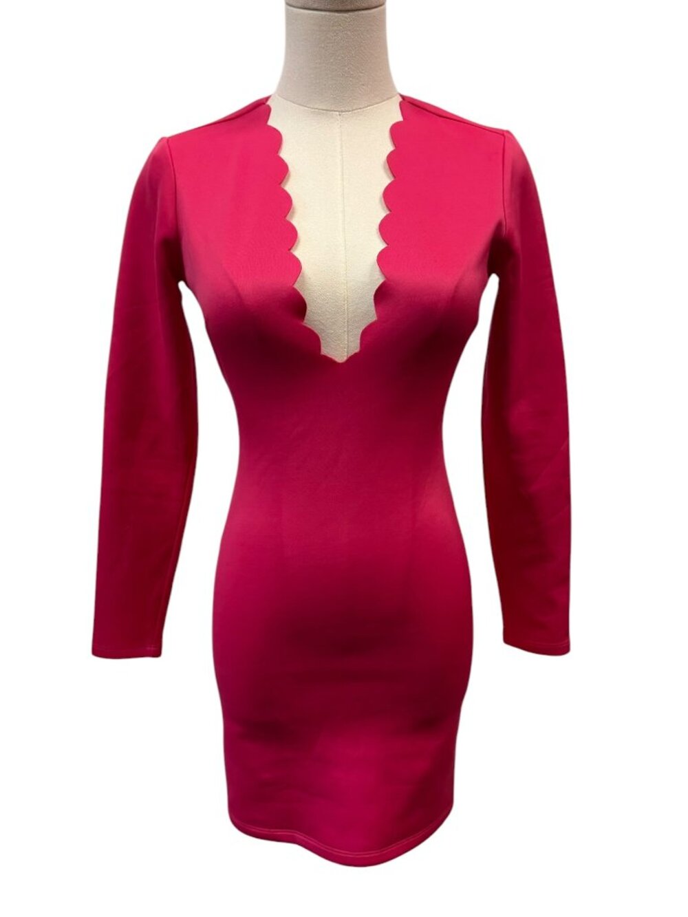 EUC NBD Hot Pink Scallop Plunge Long Sleeve Mini Dress XS